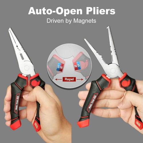 SNAIL TRAIL 7'' Fishing Pliers, Angled Head Split Ring Pliers, Auto-Open by Magnets, Corrosion Resistant Fish Hook Remover, Saltwater Crimping Shot