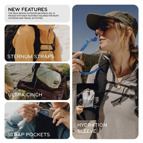 Peak Design Outdoor Backpack 25L, Black, Compact and Lightweight Frameless Daypack, Ultra Cinch Roll-Top Design, Ideal for Day Hikes, Camera Carry and Commuting, Versatile Backpack for Men and Women