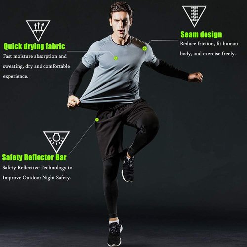 Holure Men's Sports Running Set (Pack of 5) Athletic Shirt+Short/Compression Shirt+Pants with Coat Tracksuit Gym Suits Grey 04 L