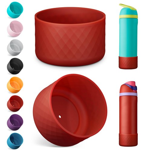 2PCS Silicone Water Bottle Boot for Owala 24oz, Protective Bottom Bumper Anti-Slip Sleeve for FreeSip, Twist, and Flip Stainless Steel Bottles, Dishwasher Safe and BPA Free(Dark Red)