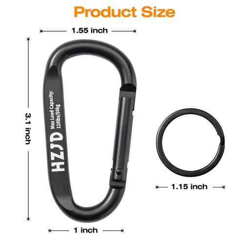 HZJD Carabiner Caribeaner Clip, 110lbs, 3" Aluminum Heavy Duty Black(2PCS)