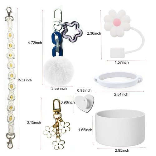 Stanley Cup Accessories Bundle: Water Bottle Handle, Silicone Straw and Boot Cover, 2 Stanley Charms for 40oz & 30oz Tumbler (White)