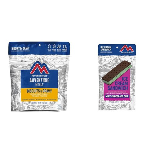 Mountain House Biscuits & Gravy Breakfast | Mint Chocolate Chip Ice Cream Sandwich Dessert | Freeze Dried Backpacking Food