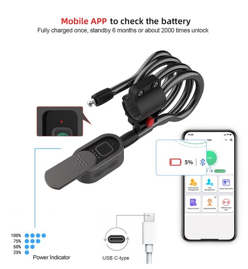 Fingerprint Bike Cable Lock with Key Waterproof eLinkSmart 150cm Long Steel Cable Lock for Bicycle Scooter Motorcycle Door Fence Gate Phone App and iOS Watch Unlock USB C Charging