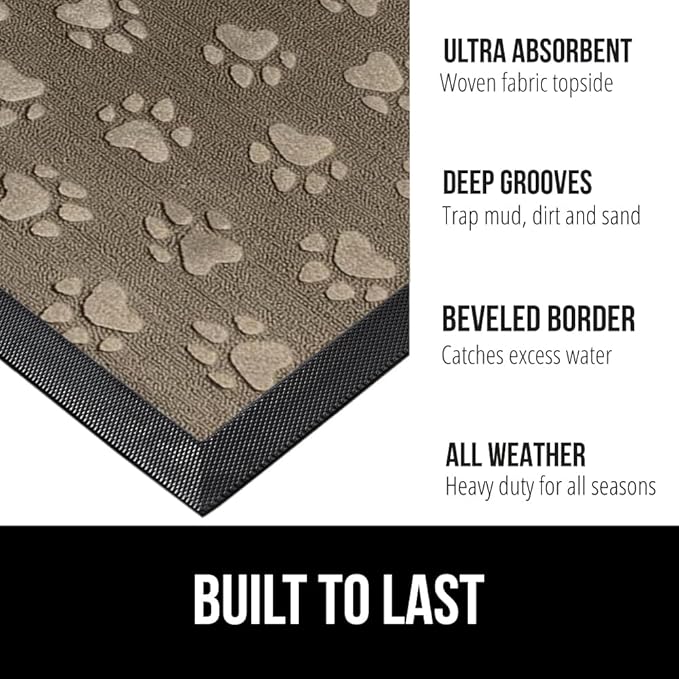 GORILLA GRIP 100% Waterproof All-Season WeatherMax Doormat, Durable Natural Rubber, Stain and Fade Resistant, Low Profile, Indoor Outdoor Doormats, Easy Clean Patio Entrance Mat, 17x29, Tan Pawprints