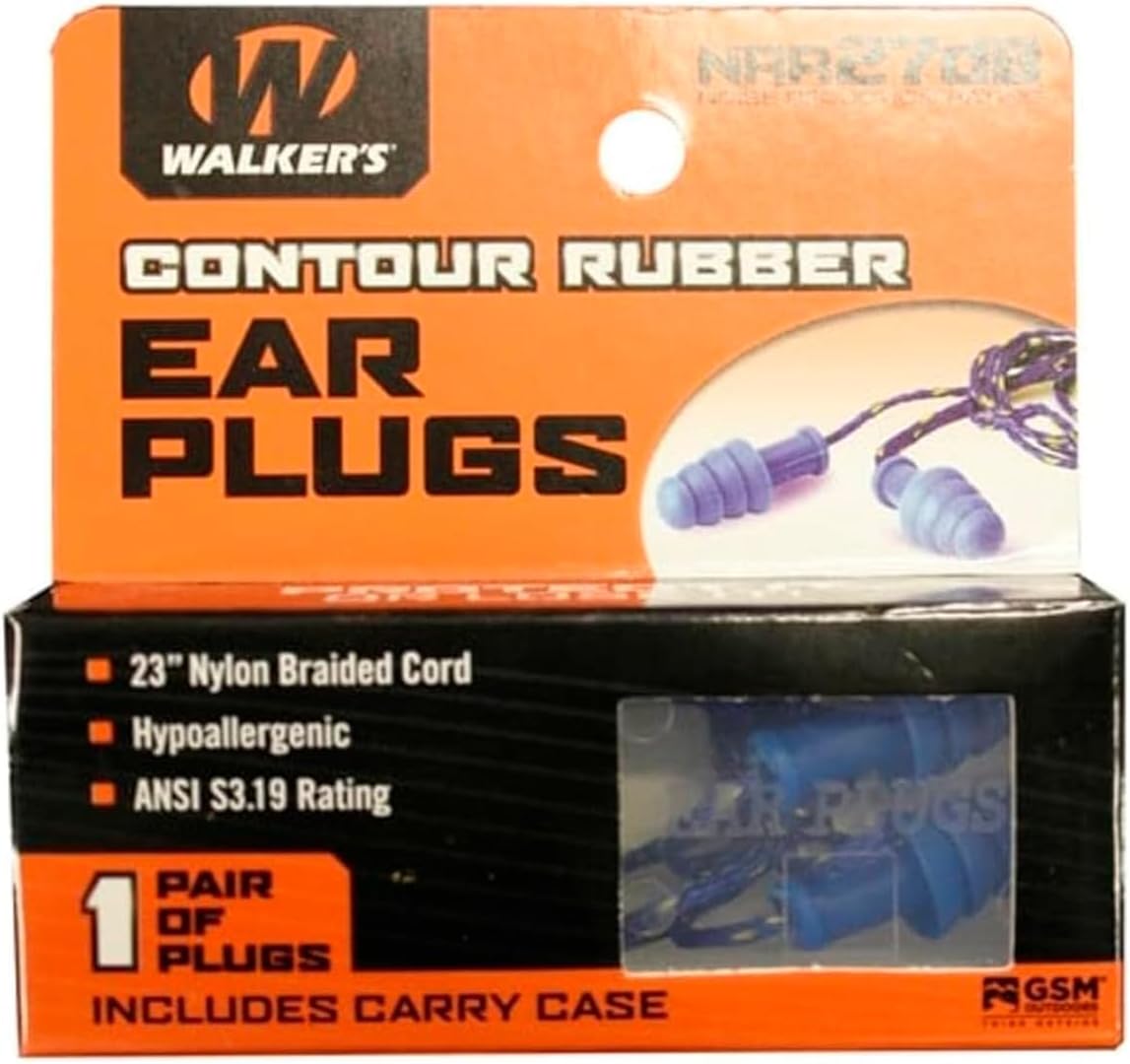 Walker's 27dB NRR Passive Hearing Protection Range Shooting Hunting Work Soft Comfortable Contour Rubber Earplugs w/ 23" Nylon Braided Cord & Plastic Storage Case