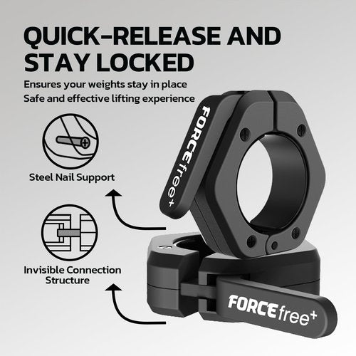 Forcefree+ Barbell Clips (Pair), Barbell Clamps, Quick Release Olympic Barbell Clamps with Anti Slip TPR Grip, Barbell Collars for Secure Weightlifting & Powerlifting (NO MAG, Black)
