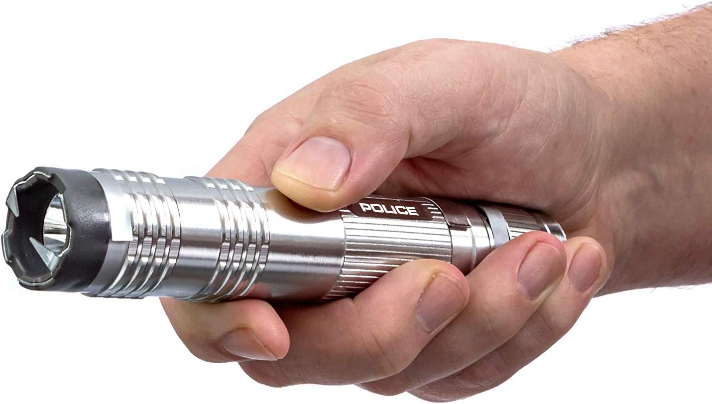 POLICE Stun Gun for Self Defense – M12 Aluminum High Voltage Mini Rechargeable with LED Flashlight, Compact & Heavy Duty – Personal Security for Women & Men – Grey