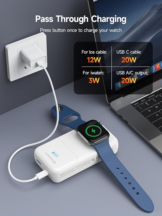 NEWDERY 20000mAh Portable Charger for Apple Watch,5-in-1 Power Bank Built-in Cables,PD 20W Fast Charging Travel Battery Pack with USB C Cable for iWatch,iPhones,iPad,Samsung More Phones Tablets