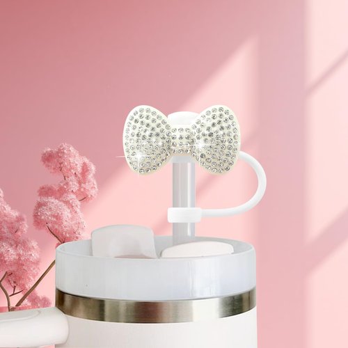 SEMATA 2PCS Cute Bow Straw Cover Cap for Stanley Cup Accessories,Bling Crystals Straw Toppers for Stanley Tumbler 40&30 oz,Rhinestone Reusable Straws Tips Protectors Compatible with 10mm Straws
