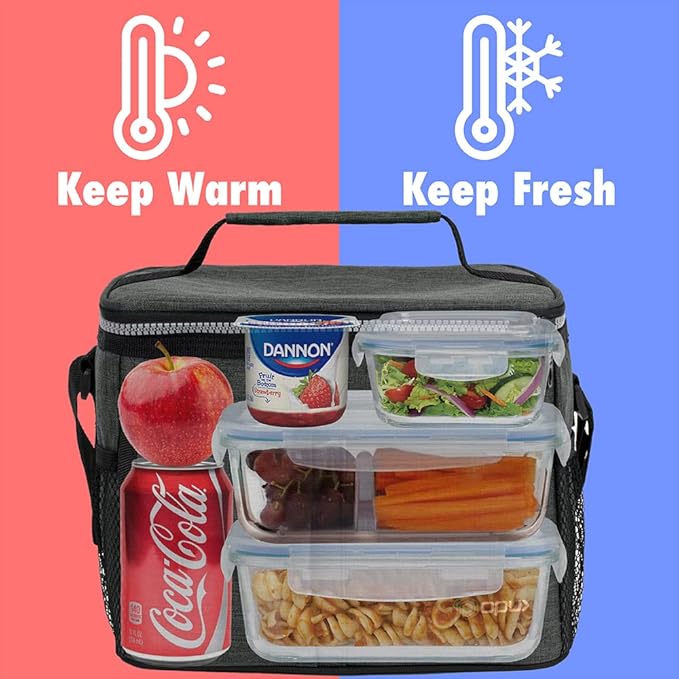 opux Insulated Lunch Bag for Men Women, Leakproof Charcoal Grey Lunch Box for Work, Portable Soft Lunch Cooler Bag with Shoulder Strap, Adult Lunchbox Lunch Pail for Kid Boy Girl School, 14 Can/8L