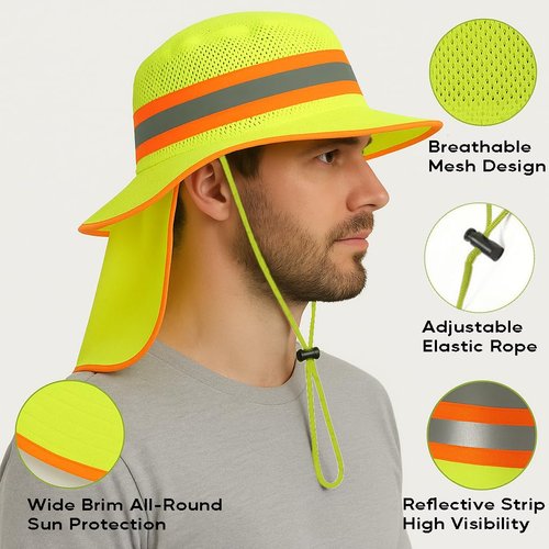 Men High Visibility Reflective Work Safety Sun Hat with Neck Flap Wide Brim Boonie UV Protection (US, Alpha, Medium, X-Large, 1pc Neon Lime)