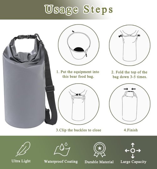 Bear Food Bag Hanging System, Bear Bags for Food Backpacking, 10L Waterproof Bear Bag, Nylon Ropes, Clips, Rock Pouch, Storage Food Bag and Manual Vacuum Pump Camping Bear Protection Kit(Grey)