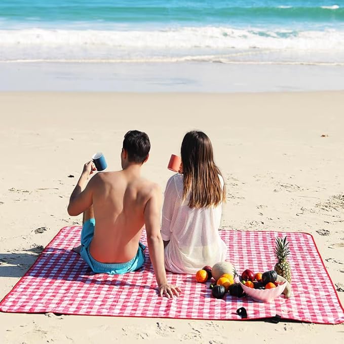 Picnic Blanket|Beach Mat|Picnic Blanket for Indoor and Outdoor, 80" x 60" Sandproof Waterproof Larger Mat for Beach, Travel, Camping, Hiking, Park Grass,Handy Mat Tote, Foldable. (Red Plaids)