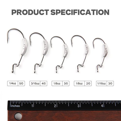 Weighted Swimbait Hooks with Molded Bait Keeper, Equipped with Weedless EWG Worm Fishing Hooks 1/16 1/8 3/16 1/4oz 2/0 3/0 4/0 5/0 Assorted (15 PCs)