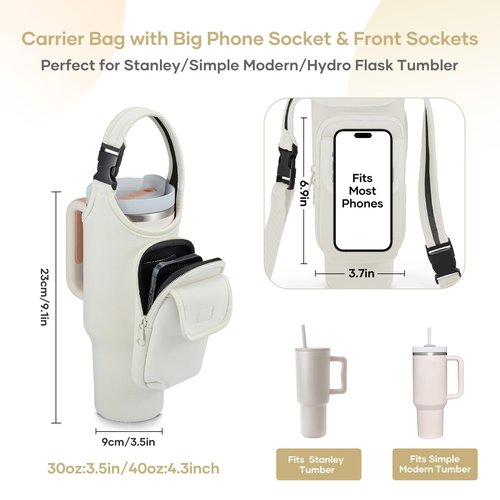 Carrier Bag with Phone & Flap Pockets Accessories for Stanley 40/30oz Tumbler with Handle, Insulated Neoprene Cup Holder Carrier Bag w/Shoulder & Handheld Strap Fits Stanley Cup Accessories