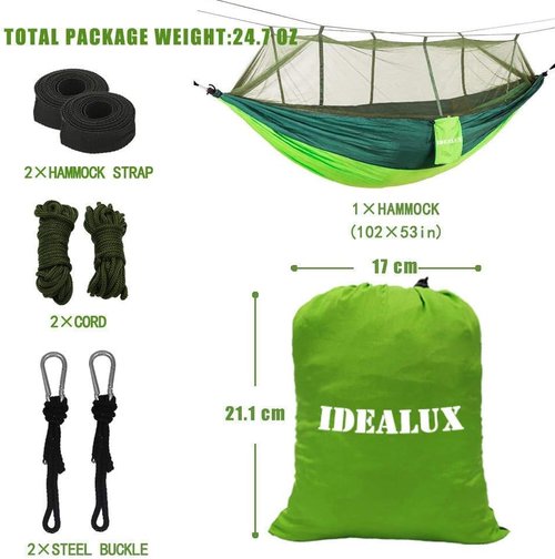 Camping Hammock with Net, Lightweight Portable Double Parachute Hammocks, 210T Nylon, High Capacity and Tear Resistance, Perfect for Camping, Backyard Relaxation (Green)