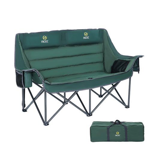 Nice C Double Padded Camping Chair, Oversized Loveseat Camping Chair, Outdoor Camping Couch for Adults, Lawn Chairs, Extra Padded, with Cup Holder, Cooler Bag, Bottle Opener (Green)