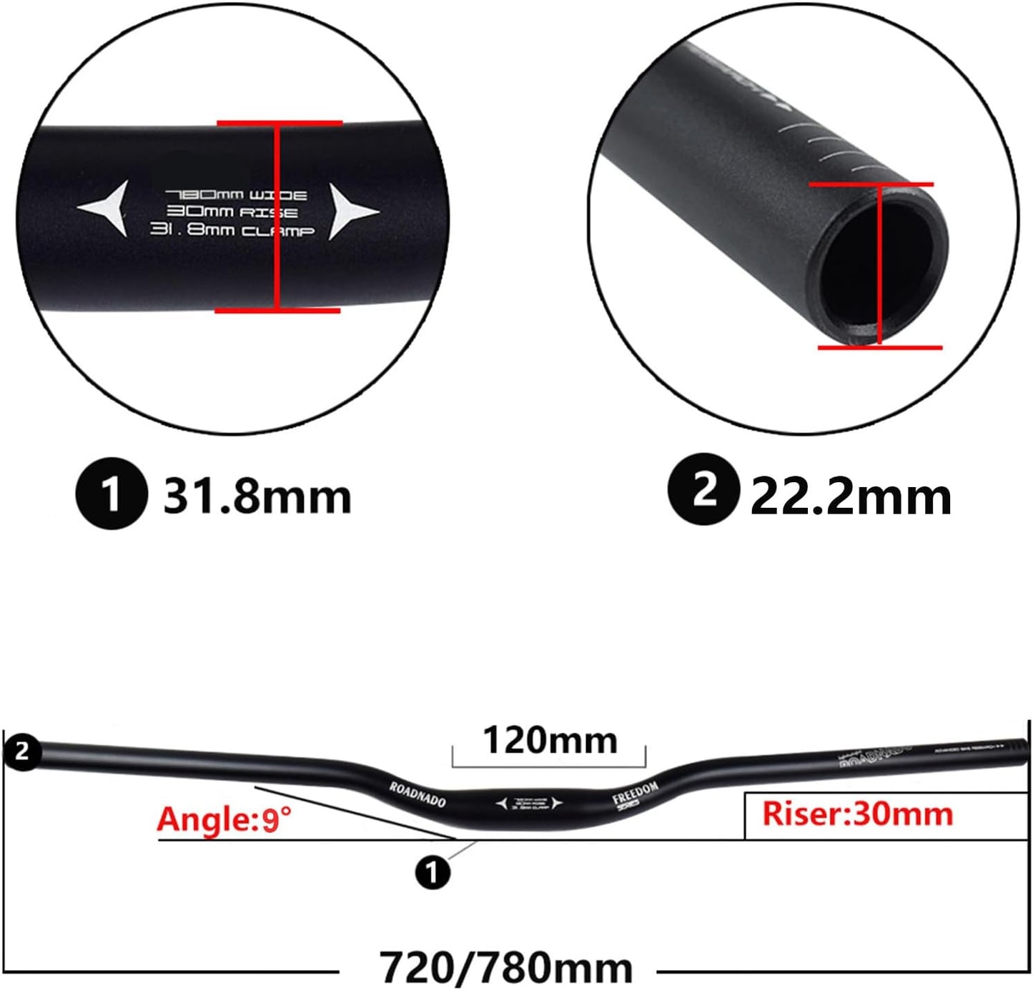 Wake Bicycle Handlebars 31.8 mm Mountain Bike Handlebar 720mm/780mm Aluminium Alloy MTB Handlebar Bicycle Riser Bars Extra Long Bicycle Handlebars for Downhill Cycling Racing