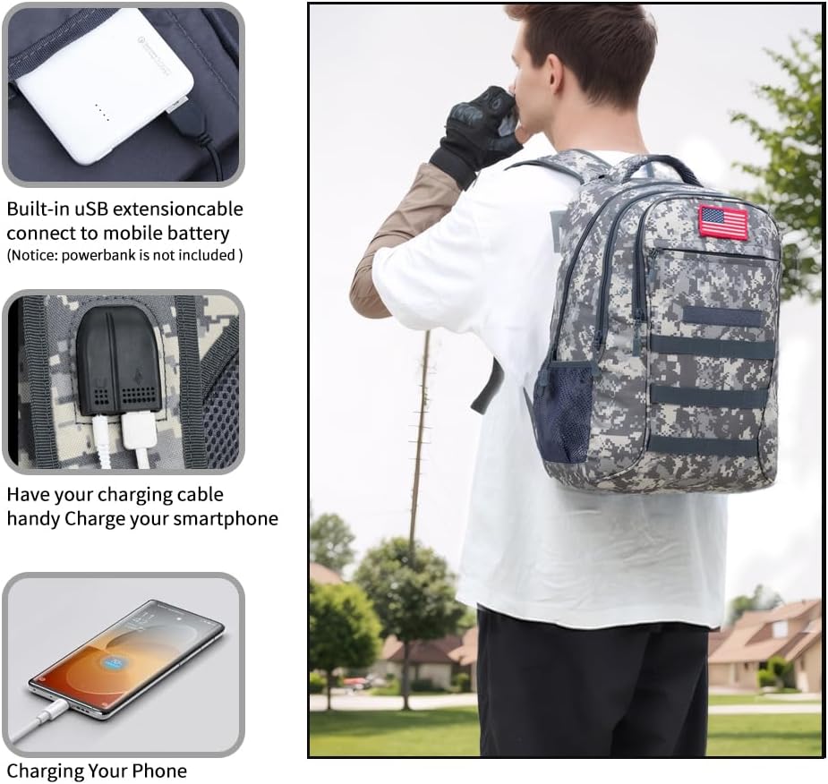 outdoor plus Camo Backpack,Military Boys Backpacks for School,40L Army Bookbag with USB Charging Port Waterproof