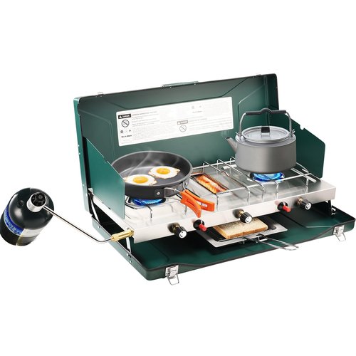 MOZODAWN 2 Burner Propane Camping Stove, 20400 BTU Portable Camp Stove Grill with Wind Guards, Bread Toast Tray, Push-Button Instant Ignition, Camping, Picnics, Backyard BBQ