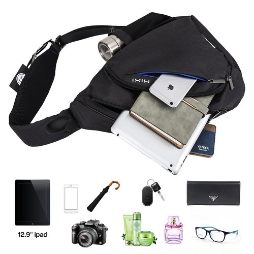 mixi Sling Bag Men Backpack Unisex One Shoulder Bag Hiking Travel Backpack Crossbody with USB Port for Men Women Versatile Casual Daypack-19 inch,Black