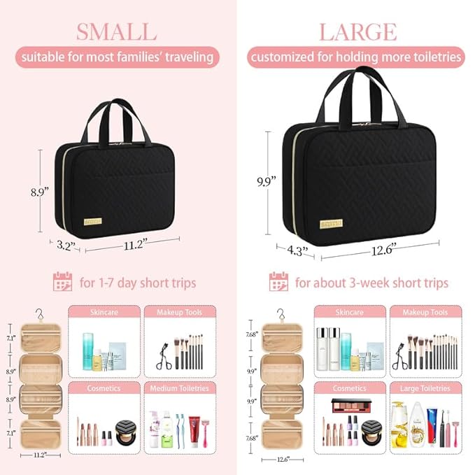 HOTOR Travel Toiletry Bag w/Hanging Hook - Spacious Toiletry Bag Essentials for Women & Men, Makeup Bag/Big Comparment, Waterproof for Travel Accessories, Large, Black