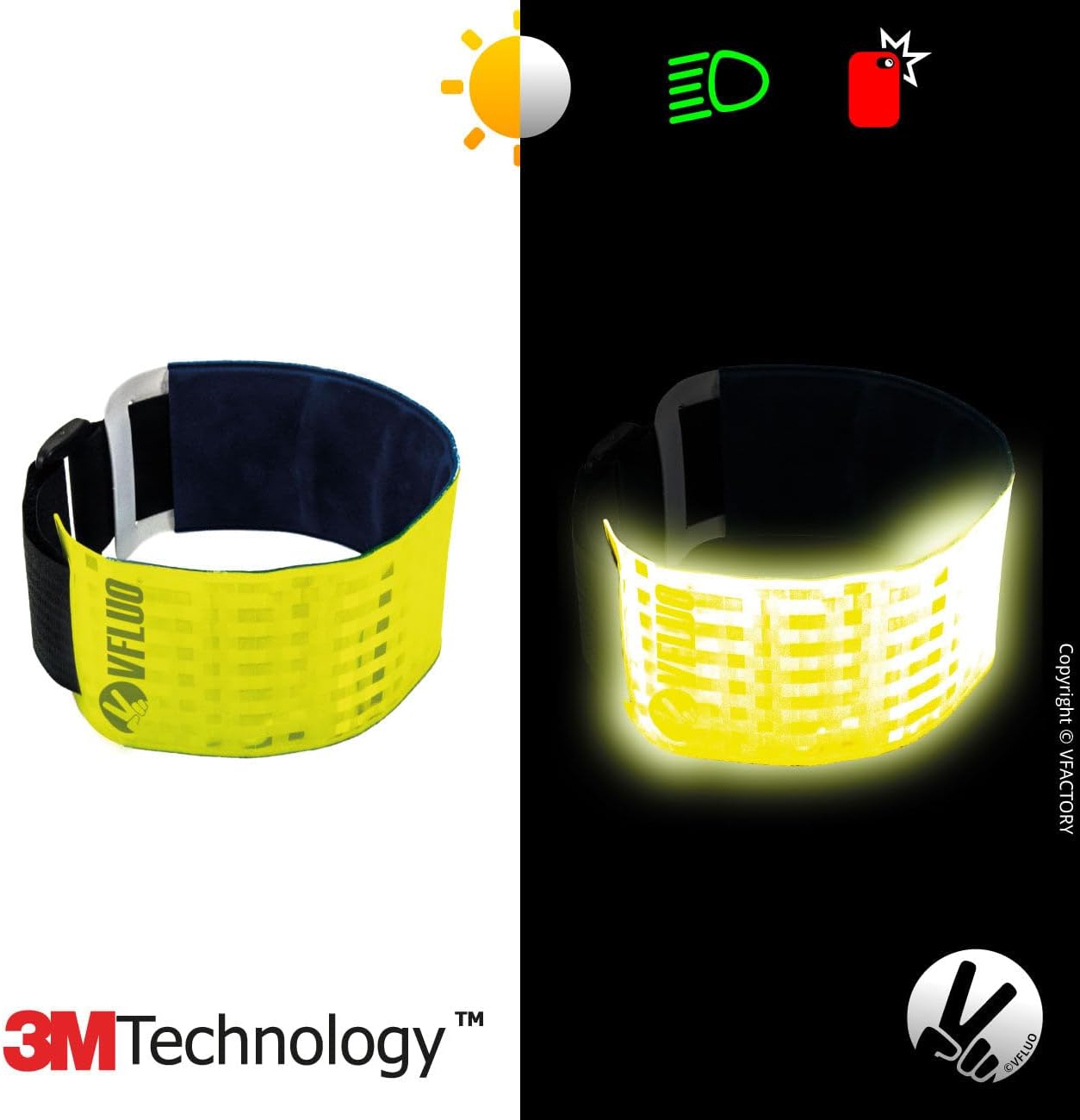 VFLUO - Reflective + reflective Adjustable & Elastic Motorcycle Armband for Motorcycle Jacket, Scooter, Bicycle, Pedestrian - High Visibility - Resistance & Support