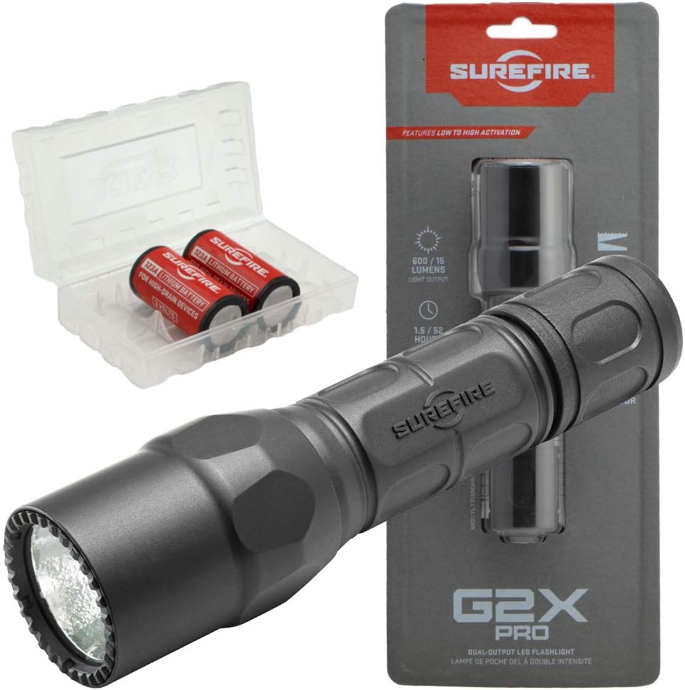 SureFire G2X Pro 600 Lumen Tactical EDC Flashlight Bundle with 2 Extra CR123A Batteries and Lightjunction Battery Case (Black)
