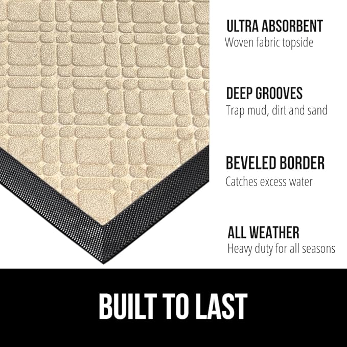 GORILLA GRIP 100% Waterproof All-Season WeatherMax Doormat, 23x35, Durable Natural Rubber, Stain and Fade Resistant, Low Profile, Indoor Outdoor Door Mats, Easy Clean Patio Entrance Mat, Modern Latte