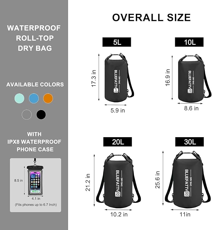 Waterproof Dry Bag Floating Roll Top Waterproof Backpack for Kayaking, Rafting, Boating, SUP, Fishing with IPX8 Waterproof Phone Case, Black, 30L