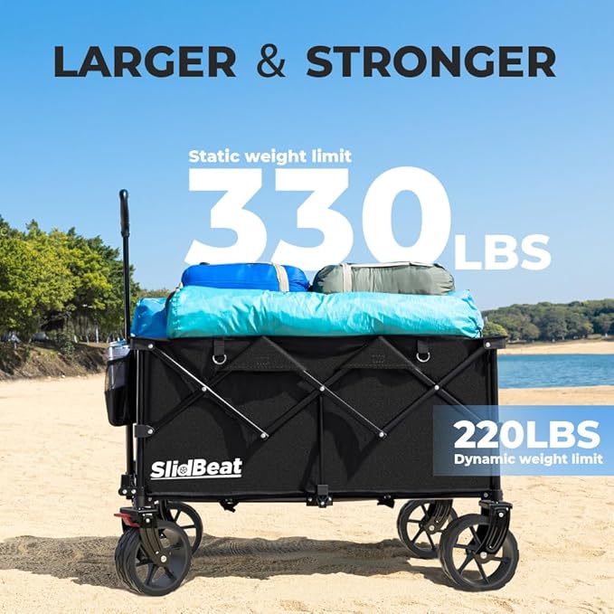 220L Collapsible Wagon with Big Wheels - Heavy Duty Utility Foldable Cart, All-Terrain Wheel & Drink Holders Portable Grocery Carts for Outdoor, Travel, Camping, Beach, Garden,Fishing