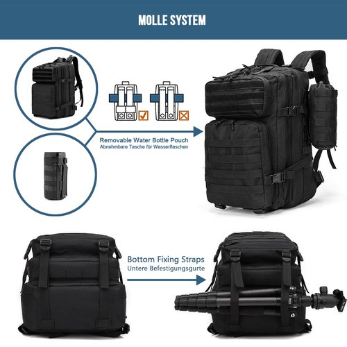 MUCHER 45L Military Tactical Backpack For Men with Bottle Holder and 4 Carabiners Molle Backpack EDC Large 3Day Army Rucksack (Black)