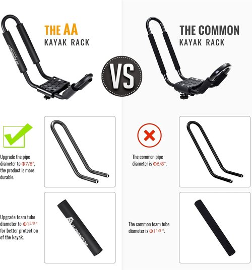 AA-Racks 2 Pair J-Bar Rack for Kayak Carrier Canoe Boat Paddle Board Surfboard Roof Top Mount on Car SUV Truck Crossbar with 16 Ft Ratchet Lashing Straps