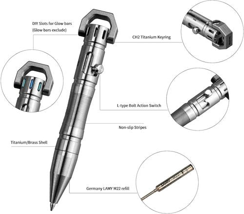 MecArmy TPX33 Titanium Tactical Pen with Tungsten Steel Glass Breaker for Self-Defence, Anti-roll concave-convex shell with Comfortable grip for Writing, Refill Pocket Clip included (Titanium Silver)