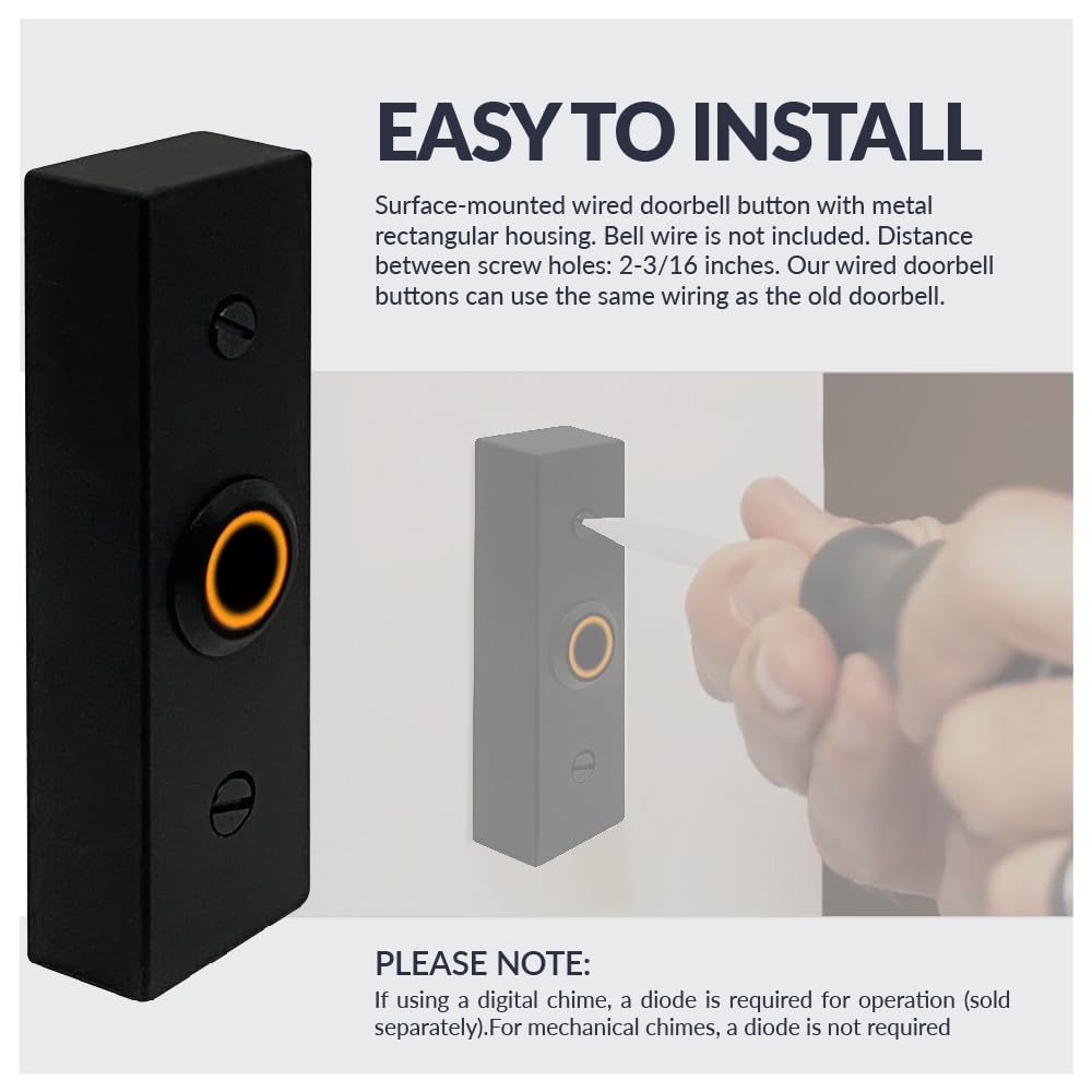Newhouse Hardware Rectangular Lighted Wired Metal Doorbell Button in Black BT6BL, for Doorbell Chime, Buzzer, or Ringer, Door Bell Button Only, Buzzer Button with LED Button Light