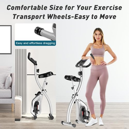 CRYSTAL FIT Indoor Folding Exercise Bike, Foldable Stationary Bikes For Home Workout Upright Indoor Cycling Bike, Magnetic X-Bike with 8-Level Adjustable Resistance, Phone Holder & Comfortable Seat Cushion (silver)