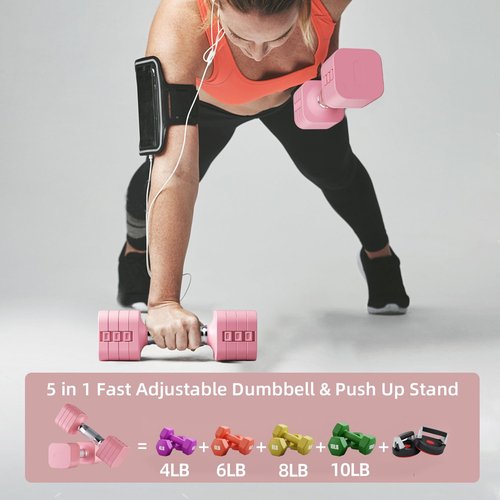 RUNWE 10lb Dumbbell Set of 2-4 in 1 Fast Adjustable Free Weight Set, Each 4lb 6lb 8lb 10lb for Women & Men Exercise Fitness for Home Gym, Also Can Be Used Push Up Bar