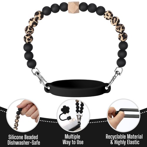 Vercraft 5 Pcs Silicone Cup Accessories Set Compatible with Stanley Cup Including Silicone Beaded Bottle Strap Leather Tassel Charm Straw Cover Rubber Ring for 8 to 40 oz Tumbler(Black,Leopard)