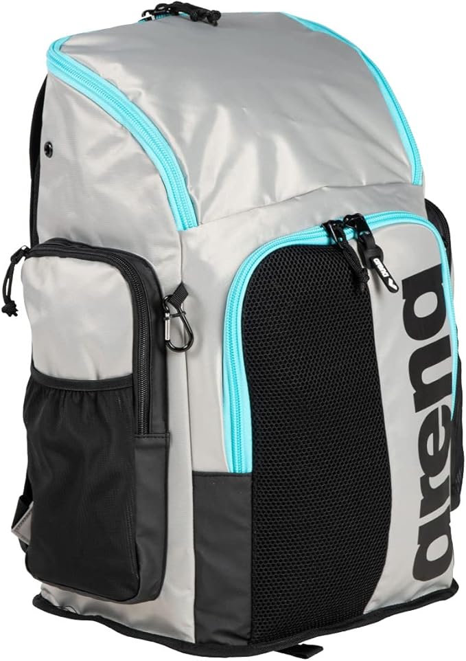 Arena Spiky III Backpack 45 Swimming Athlete Sports Gym Rucksack Large Training Gear Equipment Swim Bag for Men and Women, 45 Liters, Ice/Blue Sky