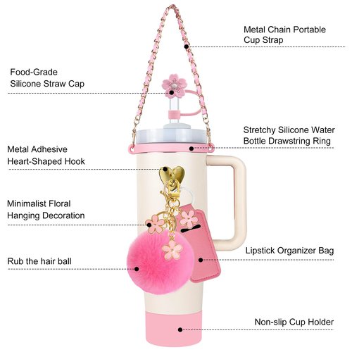 Velaco 11 PCS Accessories for Stanley Cup, Water Bottle Handle Strap for Stanley 30/40 oz tumbler with handle, including Straw Toppers, Silicone Cup Boot, Keychain Charms - PINK