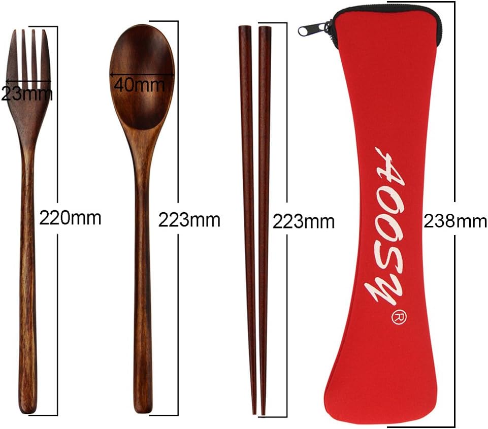 Wooden Spoon and Fork Set, AOOSY 3 Pcs Nanmu Wood Fork Spoon Chopsticks Camping Travel Flatware Set Tableware with Bag, Brown Color