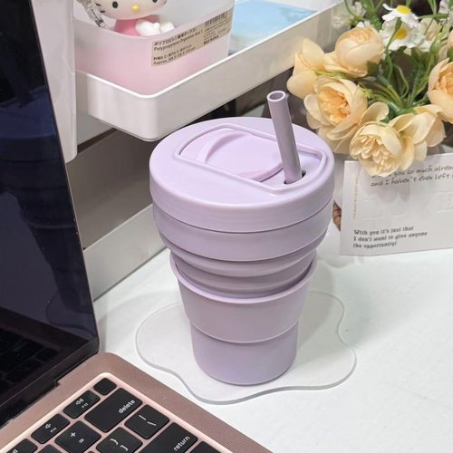 Collapsible Travel Cups- Food Grade Silicone Coffee Cups with Straw Lid 350ml 12oz Lightweight