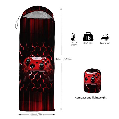 QOOMO Red Game Console Printed Camping Sleeping Bag, 3 Season Warm & Cool Weather,Lightweight,Waterproof Sleeping Bags for Adults & Kids,Traveling,and Outdoors,Camping Gear Equipment, 31x90inch