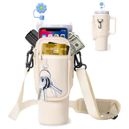ZMD Water Bottle Carrier Bag With Phone Pocket, 40 Oz Water Bottle Holder Pouch With Adjustable Strap Cup Accessories for Hiking Travelling Camping, Beige