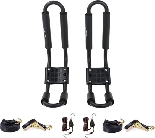 AA-Racks J-Bar Rack for Kayak Canoe Boat Carrier Roof Top Mount on Car SUV Truck Crossbar with 16 Ft Ratchet Lashing Straps & 10 Ft Ratchet Bow and Stern Tie Down Straps