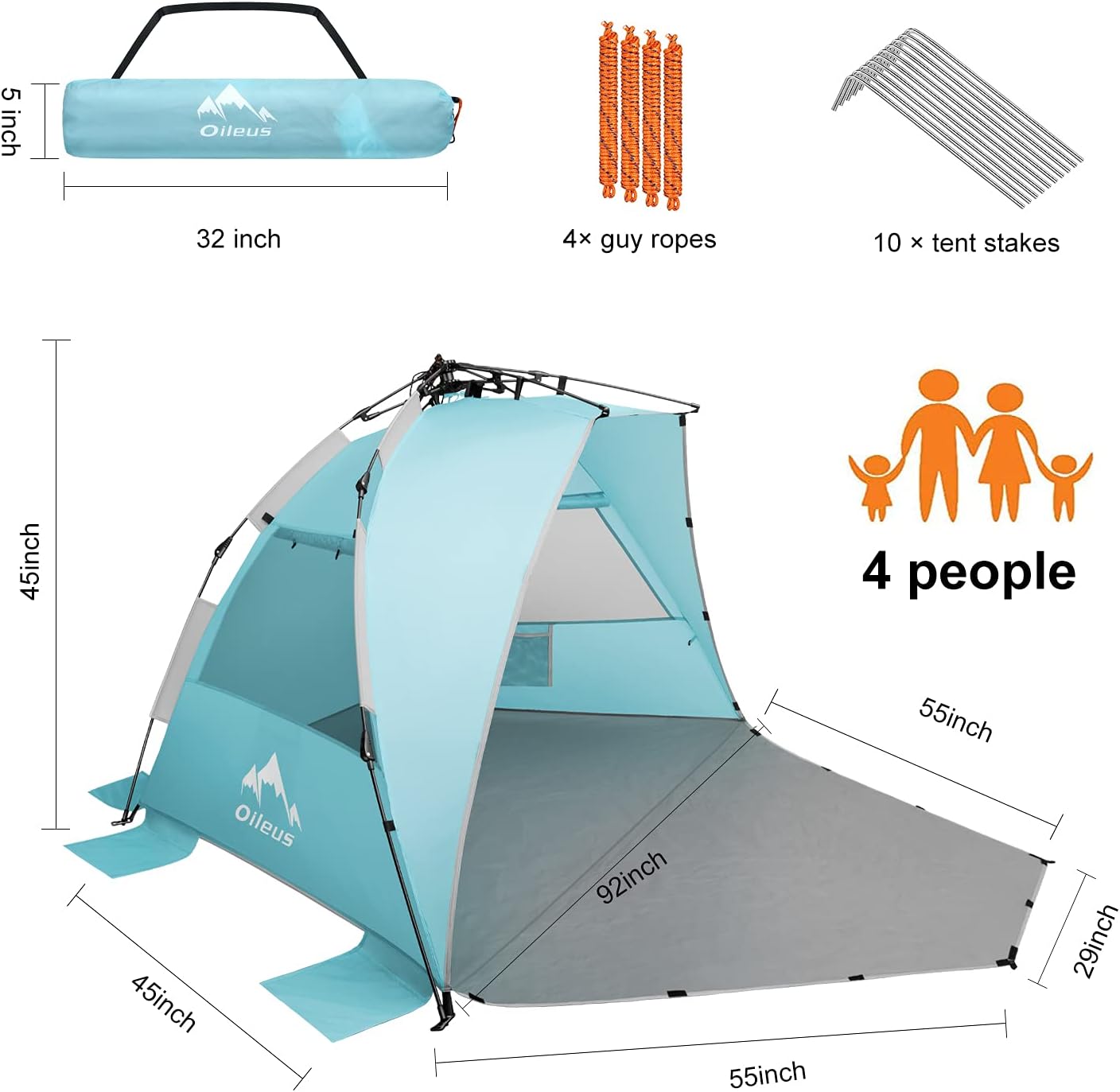 Oileus X-Large 4 Person Beach Tent Sun Shelter - Portable Sun Shade Instant Tent for Beach with Carrying Bag, Stakes, 6 Sand Pockets, Anti UV for Fishing Hiking Camping, Waterproof Windproof, Orange