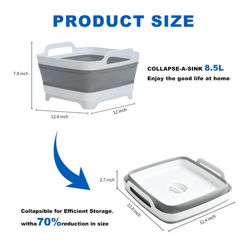 Collapsible Dish Basin 2.4Gal/9L, Foldable Kitchen Sink Tub With Drain Plug,Wash Basin for Dishes,Fruits,Bottles,Space-Saving for RVs,Camping & Laundry(Gray)