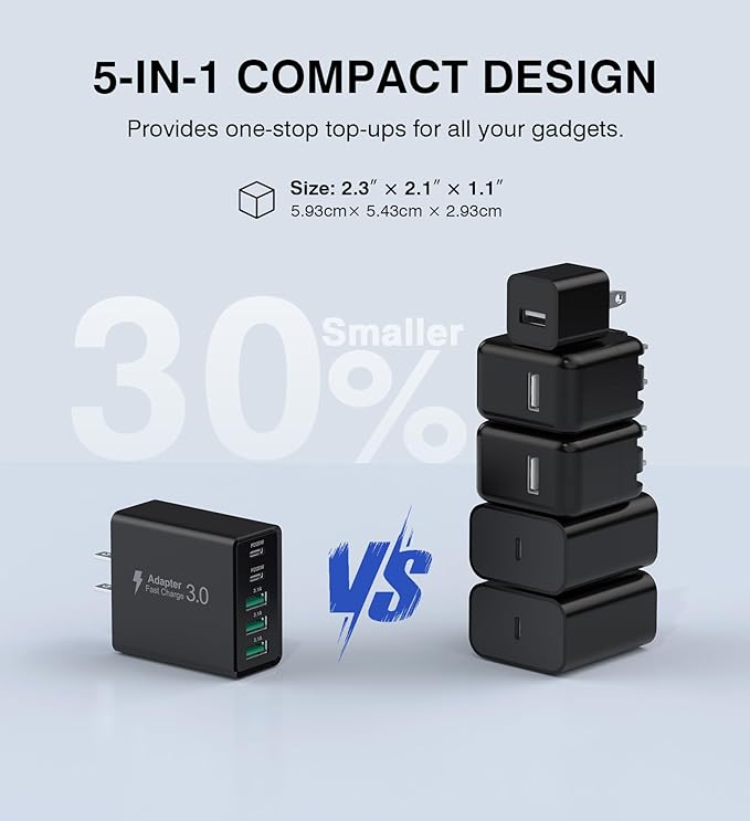 [2-Pack] USB C Wall Charger, 50W USB C Charger Block 5-Port PD Fast Charging Blocks,2USB C+3USB A Multiport Plug,Type C Power Adapter Brick Cube for iPhone 16/15/14/13/Pro,Samsung,for Switch（Black）