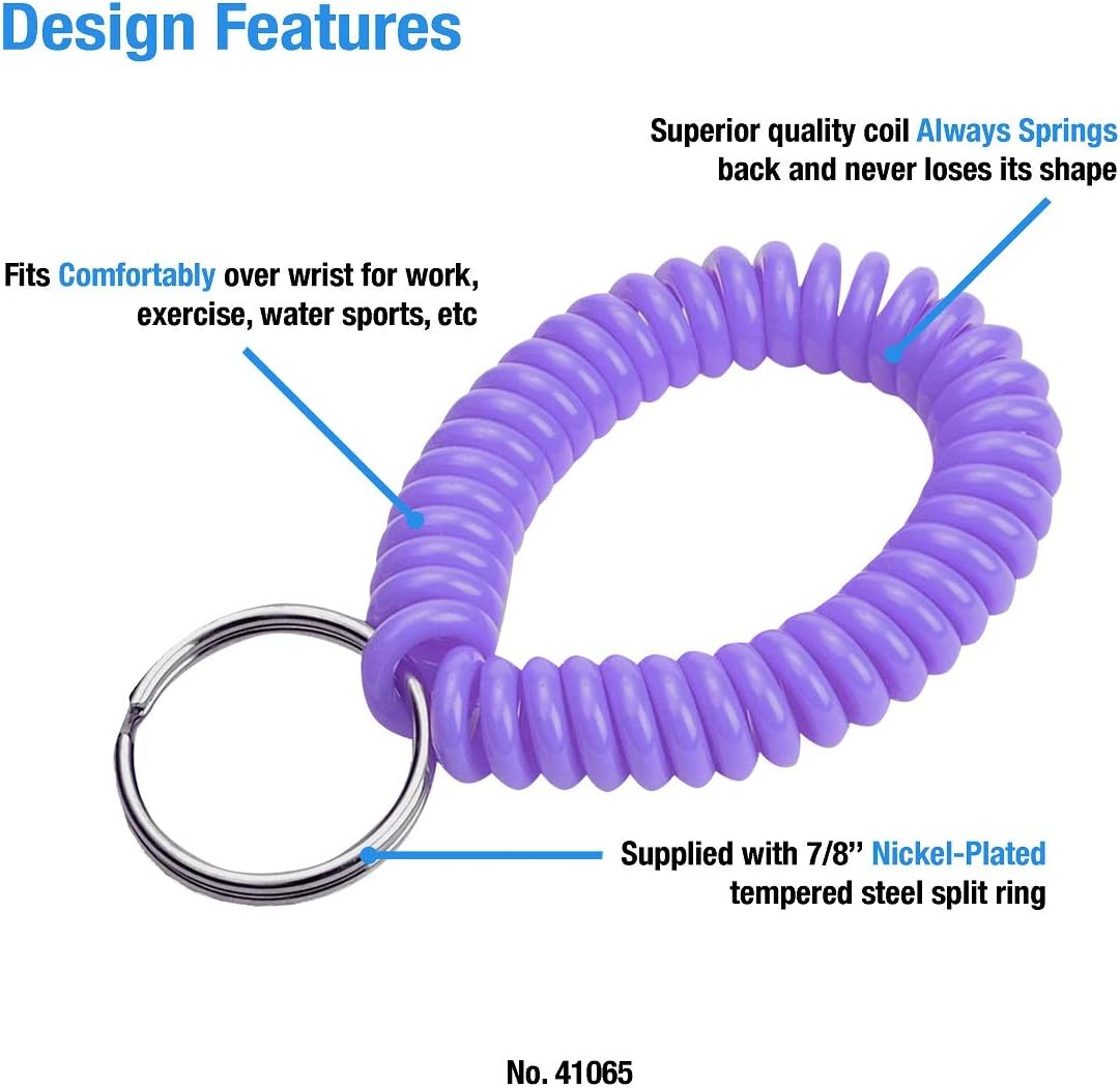 ucky Line 2” Spiral Wrist Coil with Steel Key Ring, Flexible Wrist Band Key Chain Bracelet, Stretches to 12”, Purple, 10 Pack (41065)